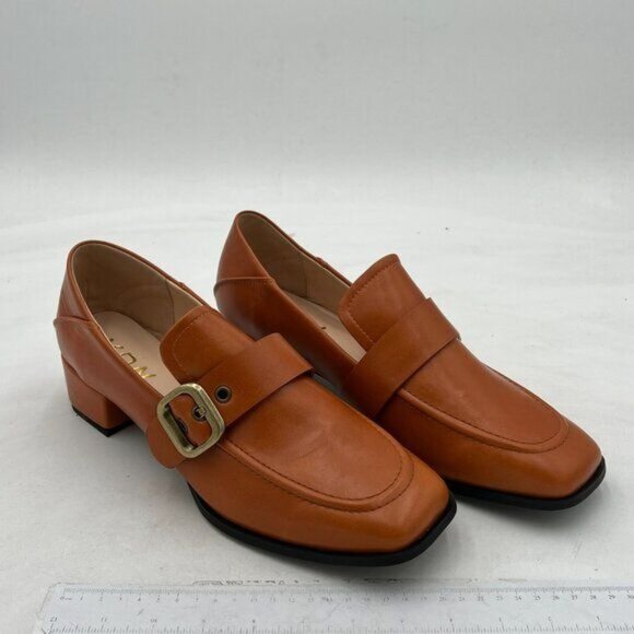 YDN Brown Square Toe Loafers Slip on Block Low Heel Pump Buckle Formal Wear Shoe - Picture 4 of 8